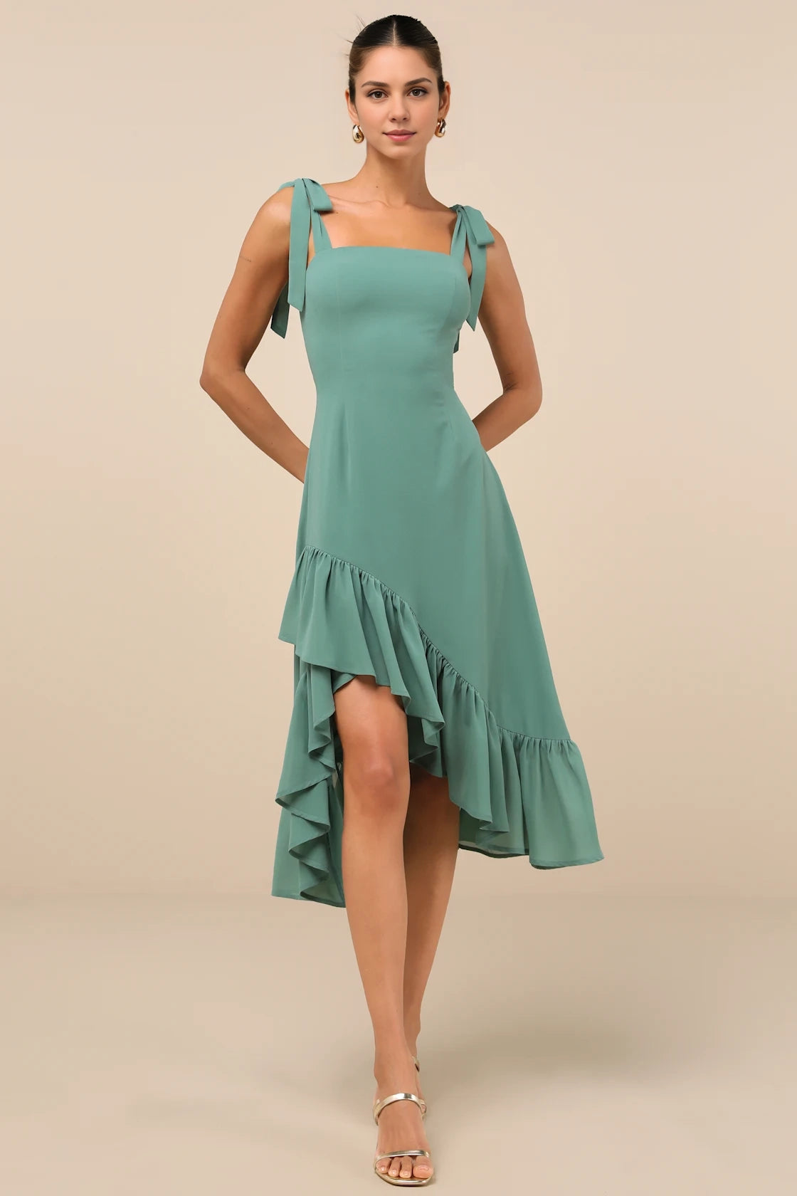 LANQI's unique woven chiffon square neckline asymmetrical ruffle edge medium length Homecoming Dresses